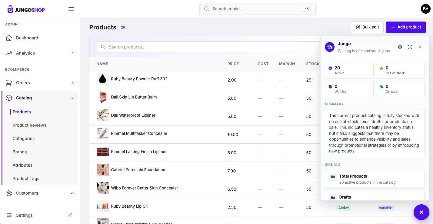 Products catalog with Jungo insights